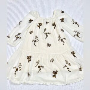 Zara Girl Ivory Flow Tiered Dress Gold Beaded Flowers Chiffon LS Cottagecore